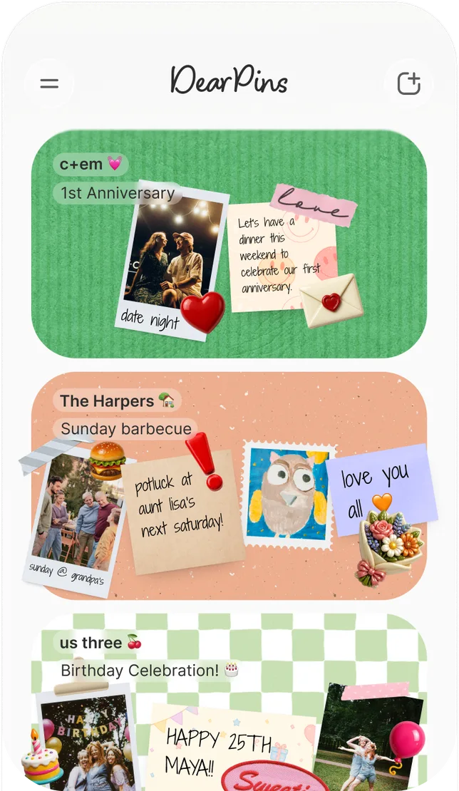 The DearPins home screen: a list of boards for a couple, a family and a group of friends