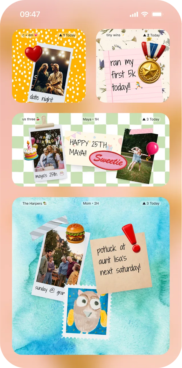 An iPhone Home Screen with DearPins widgets showing the latest pins from several boards